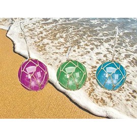 DRH - Set of Three Japanese Fishing Glass Buoy - Glass Float Ball with LED Light - Bright Nautical Decor Roped Net Floats - Hanging Nautical Glass Buoy Gift for Sea Lovers - 5 inches