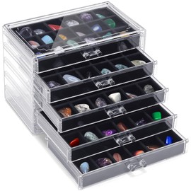 Misdary 90 Grid Rock Display Case Clear Acrylic Collection Box for Kids 5 Drawers Velvet Insert Rock Storage Box Display Cases for Collectibles Crystal Display Shadow Boxes Display Cases (Black)