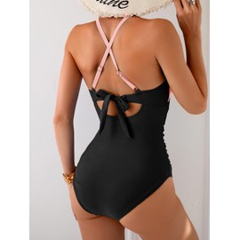 B2prity Women's One Piece Swimsuits Tummy Control Front Cross Bathing Suits Tie Back Slimming V Neck Swimwear
