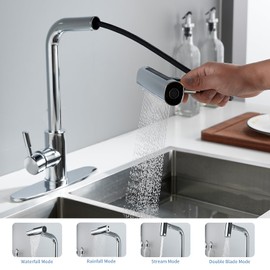 Kitchen Faucet Pull Down 4 Modes(Sweep/Stream/Waterfall/Rainfall) Chrome Kitchen Faucets Pull Out Sprary High Arc Single Handle 360° Swivel SUS304 Stainless Steel Modern 1-3 Hole with Cover Plate