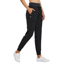 BALEAF Women's Joggers 28'' Lightweight Hiking Pants High Waist 5 Zipper Pockets Quick Dry Travel Athletic UPF50+ Black L