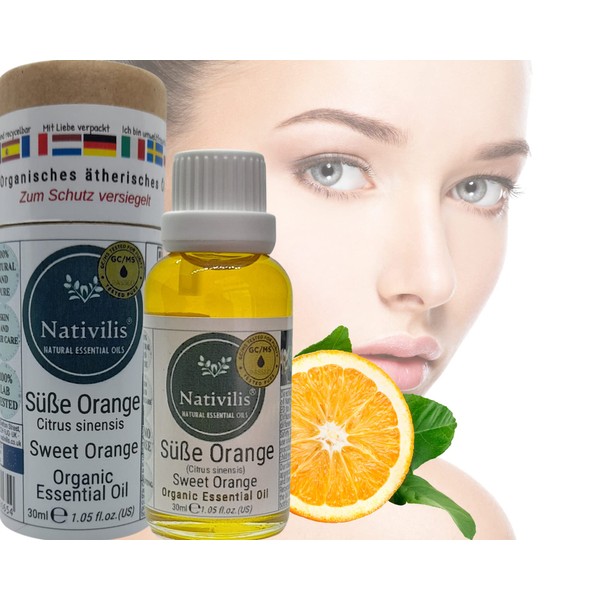 Nativilis Organic Sweet Orange Essential Oil Citrus Sinensis - Reduces Dark Spots Keeps Skin Clean Antibacterial Heals Acne Breakouts - Increases Blood Circulation Aromatherapy Copaiba - Sweet Orange