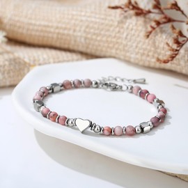 SIXDUTON Gifts for Women Girls Gemstone Bracelet, Heart Rose Quartz Gemstone Healing Stones Bracelets Valentine's Day Birthday Gift for Women Teenager Best Friend, Stainless Steel, No Gemstone