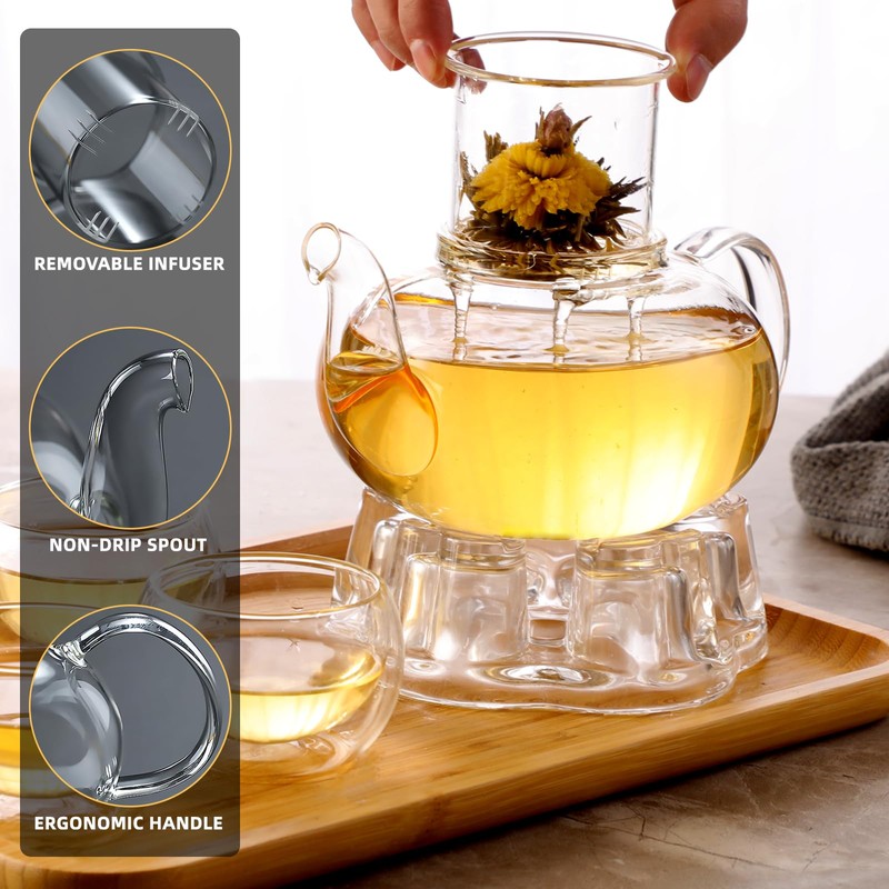 GURUDAR Glass Teapot Set, 34OZ/1000ML Glass Tea Kettle with Loose