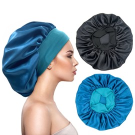 2 gorros grandes de seda satinada para dormir, gorros elásticos de banda ancha para mujeres negras, trenzas de seda para dormir nocturno, para mujeres, cabello rizado y natural (negro, verde azulado), Negro, Verde azulado