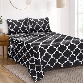 Mejoroom Full Bed Sheet Set - Super Soft Brushed Microfiber 1800 Thread Count Sheets with 16inches Deep Pocket - Wrinkle Free - 4 Piece(Full, Black Quatrefoil with White Pattern)