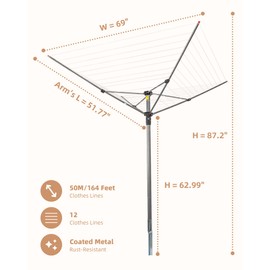 STORAGE MANIAC Outdoor Umbrella Drying Rack, 12 Lines with 164 Feet Drying Space, Steel Frame & Adjustable Height, 4-arm Umbrella Clothesline for Laundry, Collapsible Clothes Drying Rack for Backyard