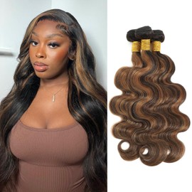 ANMETAN Honey Blonde Highlight Bundles Human Hair Body Wave 22/24/26 Inch, 10A Thick F1B/30 Highlight Black with Brown Colored Wavy 3 Bundles 100% Unprocessed Brazilian Remy Hair Quick Weave
