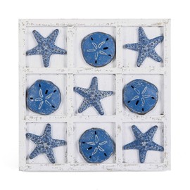 NIKKY HOME Beach Decor Tic Tac Toe 5 Sand Dollars & 5 Starfish Pieces Wood Board Travel Game for Coastal House Coffee Table Decor, Blue