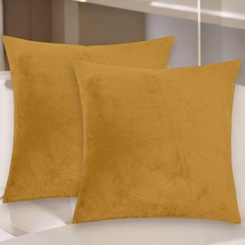 Seechoo Velvet Cushion Covers, Set of 2, 45cm x 45cm, 18x18 Inch, 17 Colours, Extra Soft Plush, Decorative, Invisible Zipper (Gold Yellow)