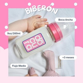 DOCURA - Set Mamilas Boca Ancha De 9 oz/260ml, 3 Piezas, Para + 3 Meses, Biberones Con Flujo Medio De Silicón Líquido, Anticólicos, Libre de BPA, Rosa