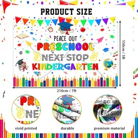 AIBIIN 7x5ft Preschool Graduate Backdrop Peace Out Preschool Next Stop Kindergarten Photography Background White Congrats Preschool Graduation Class of 2025 Party Decorations Photo Studio Props