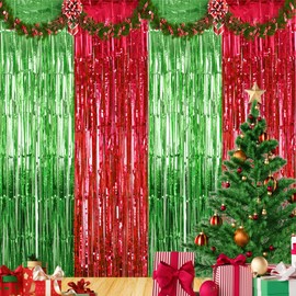 4 Pack Christmas Metallic Tinsel Foil Fringe Curtains 3.3×6.5 ft Red Green Tinsel Fringe Photo Backdrop Decor Streamer for Christmas New Year Ugly Sweater Birthday Wedding Holiday Party Decorations