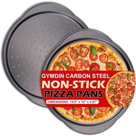 Gymdin 13-inch Pizza Pan for Oven (2 Pack), Perforated Round Pizza Pans, Non-Stick Carbon Steel Pizza Tray with Handle, Easy to Clean & Oven Safe