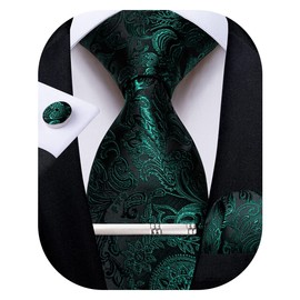 DiBanGu Silk Ties for Men Paisley Necktie Handkerchief Cufflinks Set Emerald Green Party Prom Tie