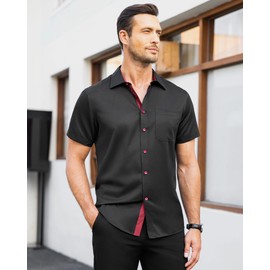 J.VER Men's Short Sleeve Dress Shirts Stretch Wrinkle Free Casual Button Down Shirts with Pocket for Business Wedding Black Red