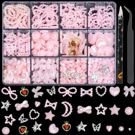 Nail Charms and Flatback Pearls 3D Multi Shapes Light Pink Mix Styles Heart Star Bow Butterfly Sunflower Embellishments Nails Design Kit for NailArt Craft and Decoration with