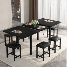 VECELO 7-Piece Dining Table Set with 6 Square Stools, 63" Expandable Kitchen Table with USB Charging & Metal Frame for 2/4/6, Wood Dinette Perfect for Small Spaces, Easy Assembly, Dark Black