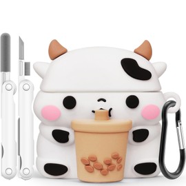 Cute Case for AirPods 4 Case Cover 2024 with Cleaner Kit,Funny 3D Cartoon Animal AirPods 4th Generation Case,Soft Silicone Kawaii Boba Tea Cow AirPods 4 Gen with Keychain for Women Girls Boys Kids