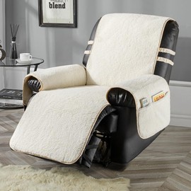 STONECREST Recliner Chair Cover, Sherpa Slipcover, Stay in Place (White/Beige, 34" Regular Oversized & DeepSeat Recliner)