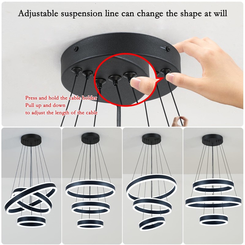 O'NEELDY Modern LED Chandeliers Adjustable Hanging Black Pendant Light Fixture