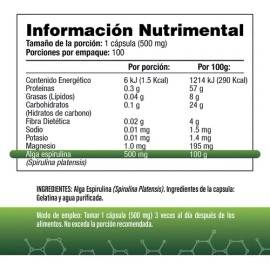 Alga Espirulina Orgánica 500mg 100 Capsulas