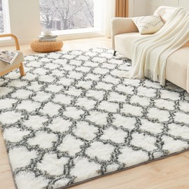 Litanika 5x8 Geometric Shag Area Rug for Bedroom, White and Grey High Pile Ultra Soft Plush Shaggy Furry Bedside Playroom Dorm Carpet, Non-Slip, Non-Shedding Indoor Floor Rug