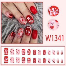 Christmas Red Glitter Press on Nails Short Square Fake Nails with Cute Red Heart Candy Cane Designs Nude False Nails Winter Xmas Glue on Nails Glossy Artificial Stick on Nails for Women Girls 24Pcs