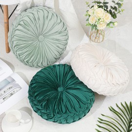 Drydiet 3 Pcs Round Pillows 15'' Diameter Velvet Pleated Throw Pillows Accent Pumpkin Throw Pillows Boho Chair Cushion for Couch Sofa Chair Bed Home Decoration, 3 Colors (White, Light Green, Green)