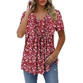 onlypuff Womens Short Sleeve Tops Pleated Button Down Blouse Dressy Flowy V Neck Henley T-Shirts