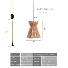 YLWYGY Hanging Lamps That Plug Into Wall Outlet Woven Rattan Lamp Shade, Boho Farmhouse Rustic Natural Wicker Light Weight Fabric Dimmable Small Pendant Lighting-1 Pack Small Pretty Waist 7" H9