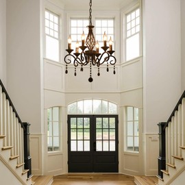 Ganeed 6-Light Farmhouse Black Crystal Candle Chandelier for Living Room, Rustic Industrial Pendant Ceiling Light Fixture, Vintage Hanging Lamp for Bedroom Hallway Kitchen Dining Room Foyer