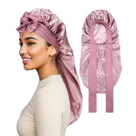 Braids Satin Bonnet for Sleeping Long Bonnet Women Hair Bonnet with Stretchy Tie Band Satin Hair Wrap(Red Bean)