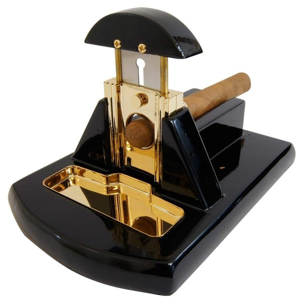 Desk Table Top Cigar Cutter Glossy Black with Gold
