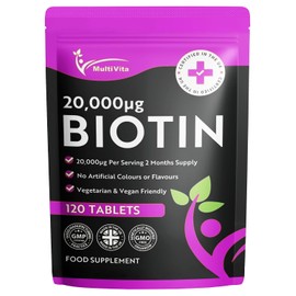 Biotin 20000 mcg Per Serving – 120 Vegan Tablets 2 Per Day not Capsules or Gummies – High Strength Biotin Supplement for Healthy Hair Growth, Skin & Nails – UK Made Vitamin B7 Tablets