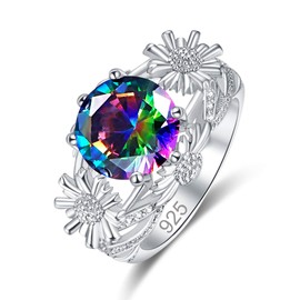 Psiroy 925 Sterling Silver Plated Simulated Rainbow Topaz Dasiy Flower Cocktail Ring for Women Size 8