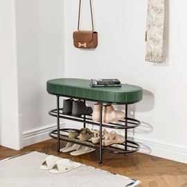 Shoe Bench, 3 Tier Storage Bench with Synthetic Leather Cushion, for Hallway, Entryway, Bedroom, Living Room, Holds Up to 400 lb (Forest Green,31.5")