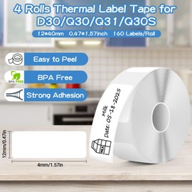 PlsMupn 4 Rolls Thermal Label Tape 12 x 40 mm, D30/Q30/Q31/Q30S Labels Paper, 160 Labels/Roll, Waterproof Label Tape Replacement for Home/Office/School