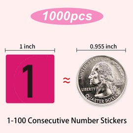 STARLIBOO 1 to 100 Consecutive Number Stickers,1 inch Square Small Number Stickers Labels for Inventory, Storage, Organizing, Boxes, Bins, Toolbox, Locker (1000 Labels, Pink)