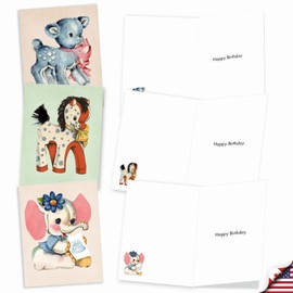 The Best Card Company 20 Assorted Birthday Notecards Boxed Set 4 x 5.12 Inch with Envelopes (10 Designs, 2 Each) Vintage Plush AM10031BDG-B2x10