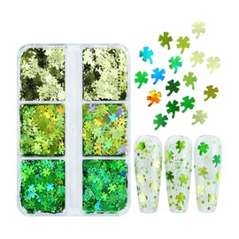 6 Grids St Patricks Nail Glitter - Diowino Clover Nail Art Sequins,3 Styles Green Nail Glitter Decor, 3D Self-Ahdesive Glitters,Spring Nail Art Designs Glitters,St Patricks Nail Decor