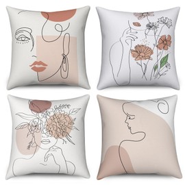 Hnmdmyi Boho Cushion Covers 40 x 40 cm Set of 4, Abstract Minimalist Woman Face Body Line Floral Plant Decorative Throw Pillow Covers Modern Art Aesthetic Linen Pillowcases for Sofa Couch Home Decor