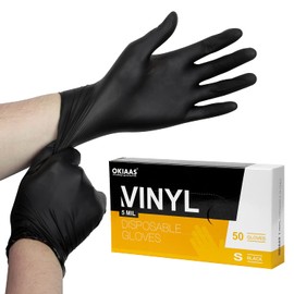 OKIAAS Black Gloves S|Latex-Free Vinyl Gloves for Household, Food Handling, Lab Work and More|Small, 50 Counts/Box