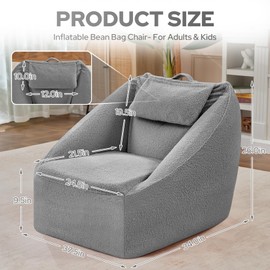 HABUTWAY Inflatable Bean Bag Chairs for Adult Blow up Chair Portable Inflatable Bean Bag Couch w/Electric Air Pump,Handle & Side Pocket for Movie Night Reading Gaming Living Room - Light Grey