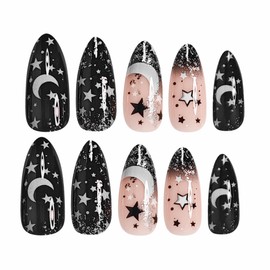 MERVF Almond Press on Nails Medium Fake Nail Black Ombre French Tip Glue ons Nails Glitter Star Moon Design Stiletto Acrylic Manicure Glossy 24pcs