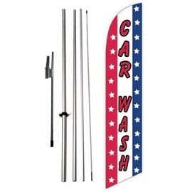 GLOBAL ADVERTISING SOLUTIONS Car Wash Feather Flag Eye Catching Banner Sign for Business and Marketing Complete Set with 15 ft Pole Kit and Ground Spike (Patriotic)