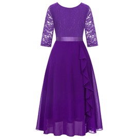 Girls Floral Lace Purple Dress Christmas Bridesmaid Vintage Formal Cocktail Party Swallowtail Swing Dresses 7-14 Years
