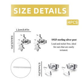 LEEQBCR 2 Pairs of Women's Girls Anti-Allergy Star Earrings, Small Asymmetrical Earrings, 925 Silver, Gifts for Women, Girlfriend, Mother, Girls (Silver), Silver