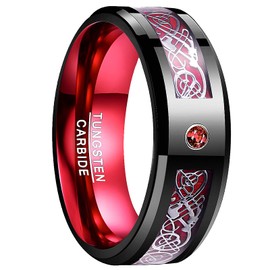 Vakki Tungsten Carbide Wedding Band / Ring, with Zircon and Dragon Inlay, Comfort Fit, Sizes L to Z, 8 mm, Black and Red, Tungsten, Black + red
