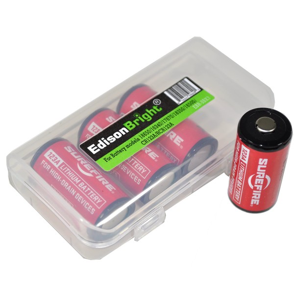 EdisonBright SureFire CR123A - Paquete de 4 baterías de litio (fabricadas en los Estados Unidos) SF123A BBX3 estuche de transporte de batería